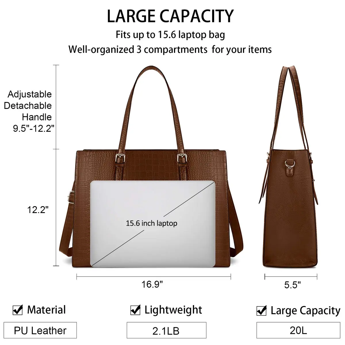 Lubardy Crocodile Pattern Leather Laptop Tote Bag 43.4 cm (16.9 inches) | Water-Resistant Work Briefcase for Women - view 5