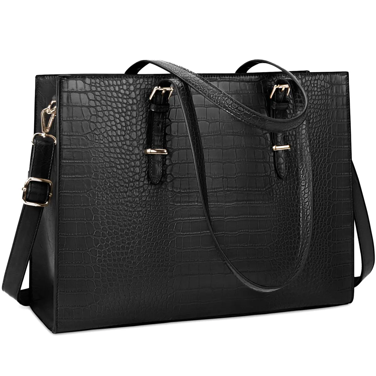 Lubardy Black Crocodile Leather Tote Bag for Women 15.6 Inch | Water-Resistant Work Briefcase - main product image