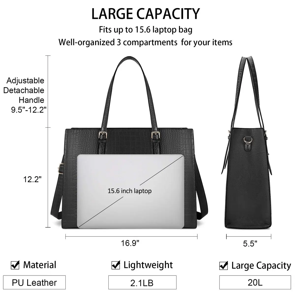 Lubardy Black Crocodile Leather Tote Bag for Women 15.6 Inch | Water-Resistant Work Briefcase - view 5