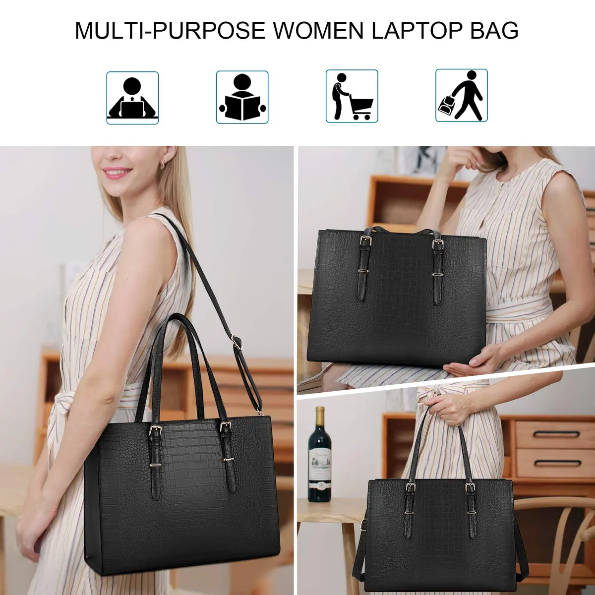 Lubardy Black Crocodile Leather Tote Bag for Women 15.6 Inch | Water-Resistant Work Briefcase - view 2