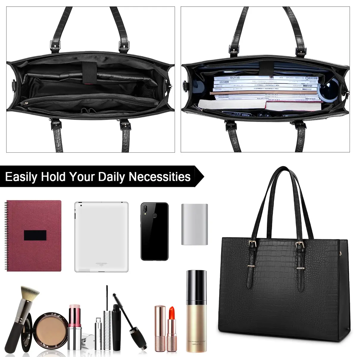 Lubardy Black Crocodile Leather Tote Bag for Women 15.6 Inch | Water-Resistant Work Briefcase - view 3