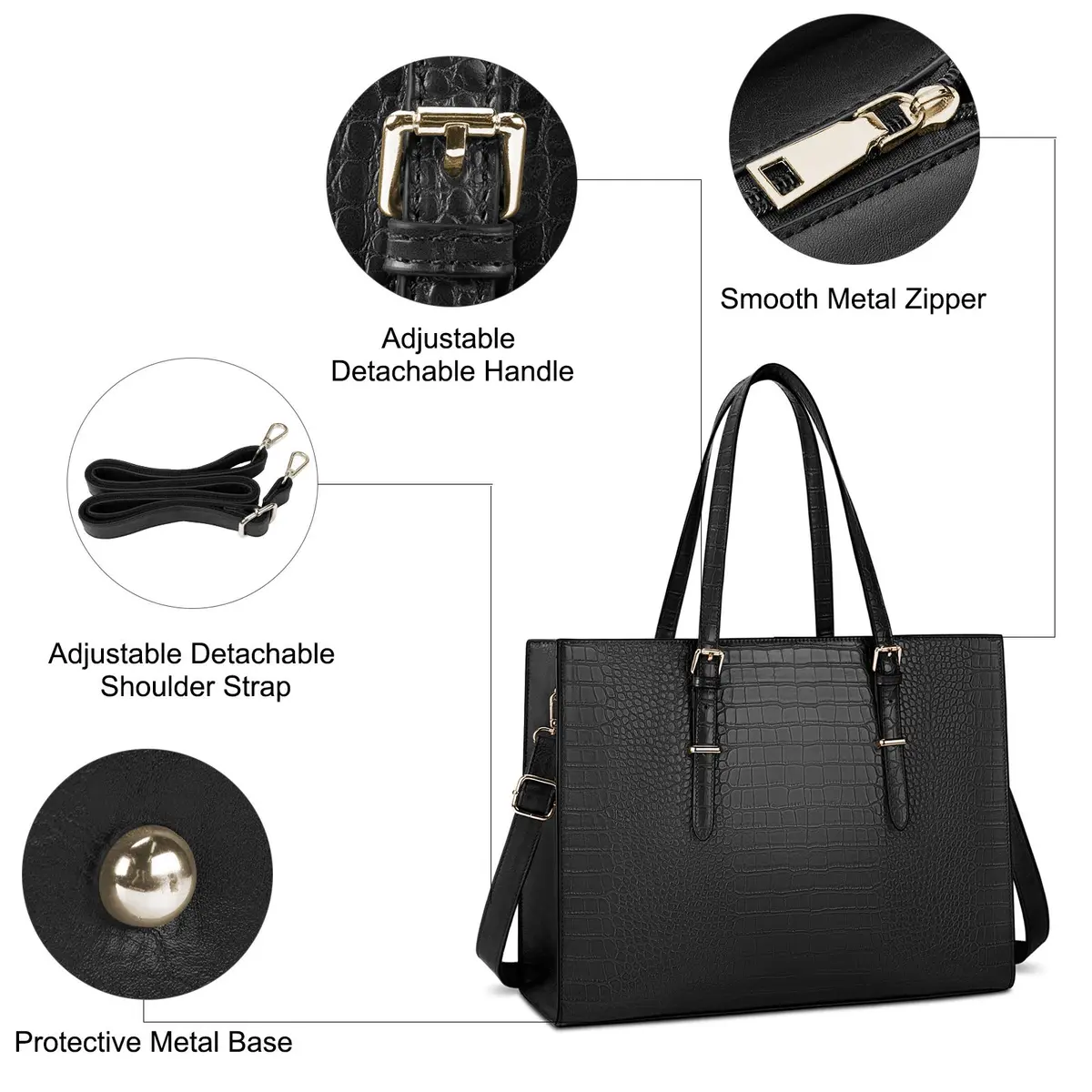 Lubardy Black Crocodile Leather Tote Bag for Women 15.6 Inch | Water-Resistant Work Briefcase - view 4