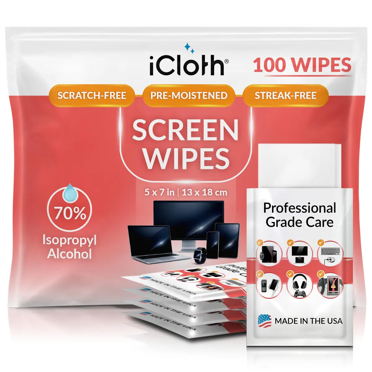 iCloth 70% Isopropyl Alcohol Large Screen & Electronics Wipes, 100 Wipes | Streak-Free, Fast-Drying, Lint-Free - main product image