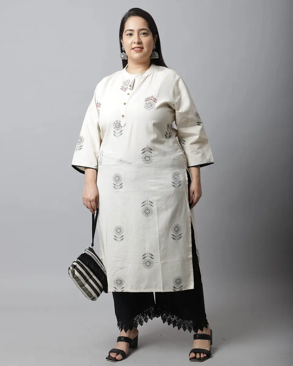 Rajnandini Women's Cotton Jaipuri Printed Kurti Small (45 inches length) | Straight Fit 3/4 Sleeve Round Neck - view 5