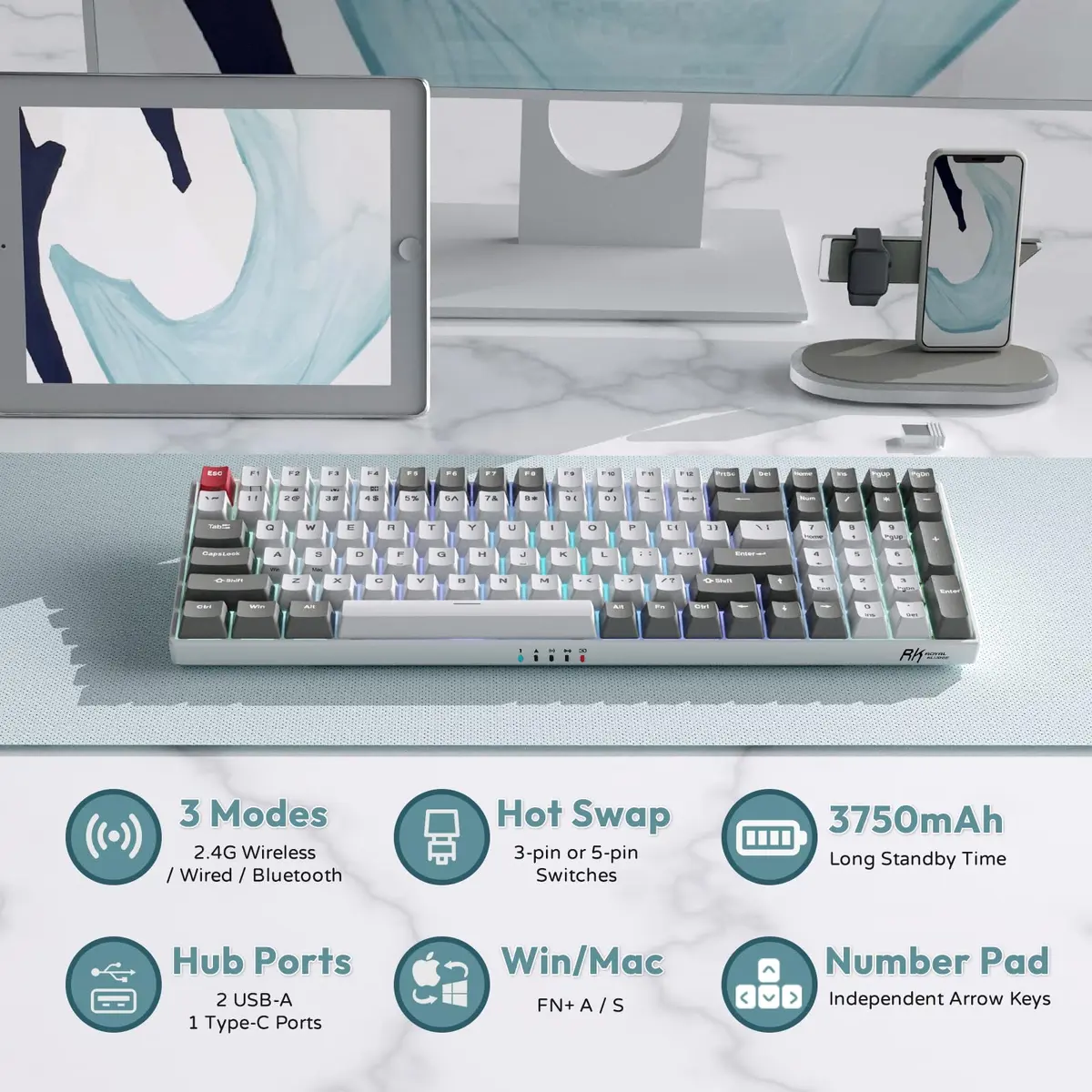 RK ROYAL KLUDGE RK100 Wireless Mechanical Keyboard RGB Backlit Bluetooth5.1/2.4G/Wired 96% Full Size 100-Key Hot Swappable Brown Switch Classic | Gaming Keyboard with Custom RGB - view 5