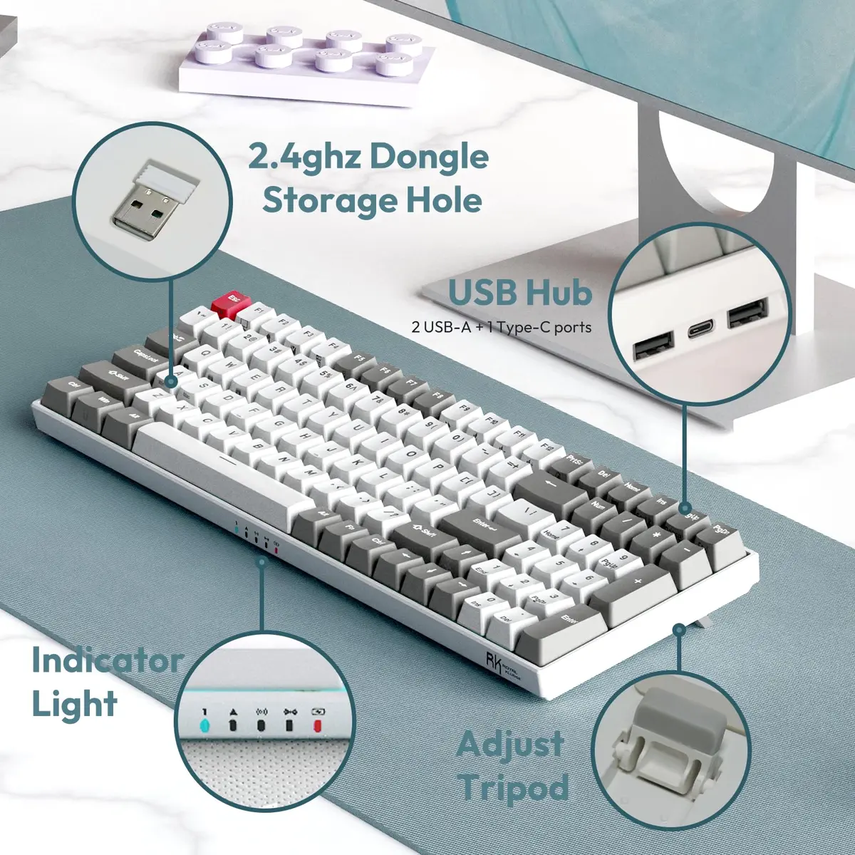 RK ROYAL KLUDGE RK100 Wireless Mechanical Keyboard RGB Backlit Bluetooth5.1/2.4G/Wired 96% Full Size 100-Key Hot Swappable Brown Switch Classic | Gaming Keyboard with Custom RGB - view 6