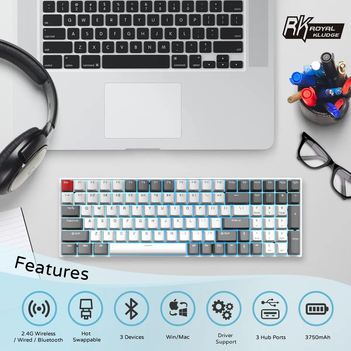 RK ROYAL KLUDGE RK100 Wireless Mechanical Keyboard RGB Backlit Bluetooth5.1/2.4G/Wired 96% Full Size 100-Key Hot Swappable Brown Switch Classic | Gaming Keyboard with Custom RGB - view 8