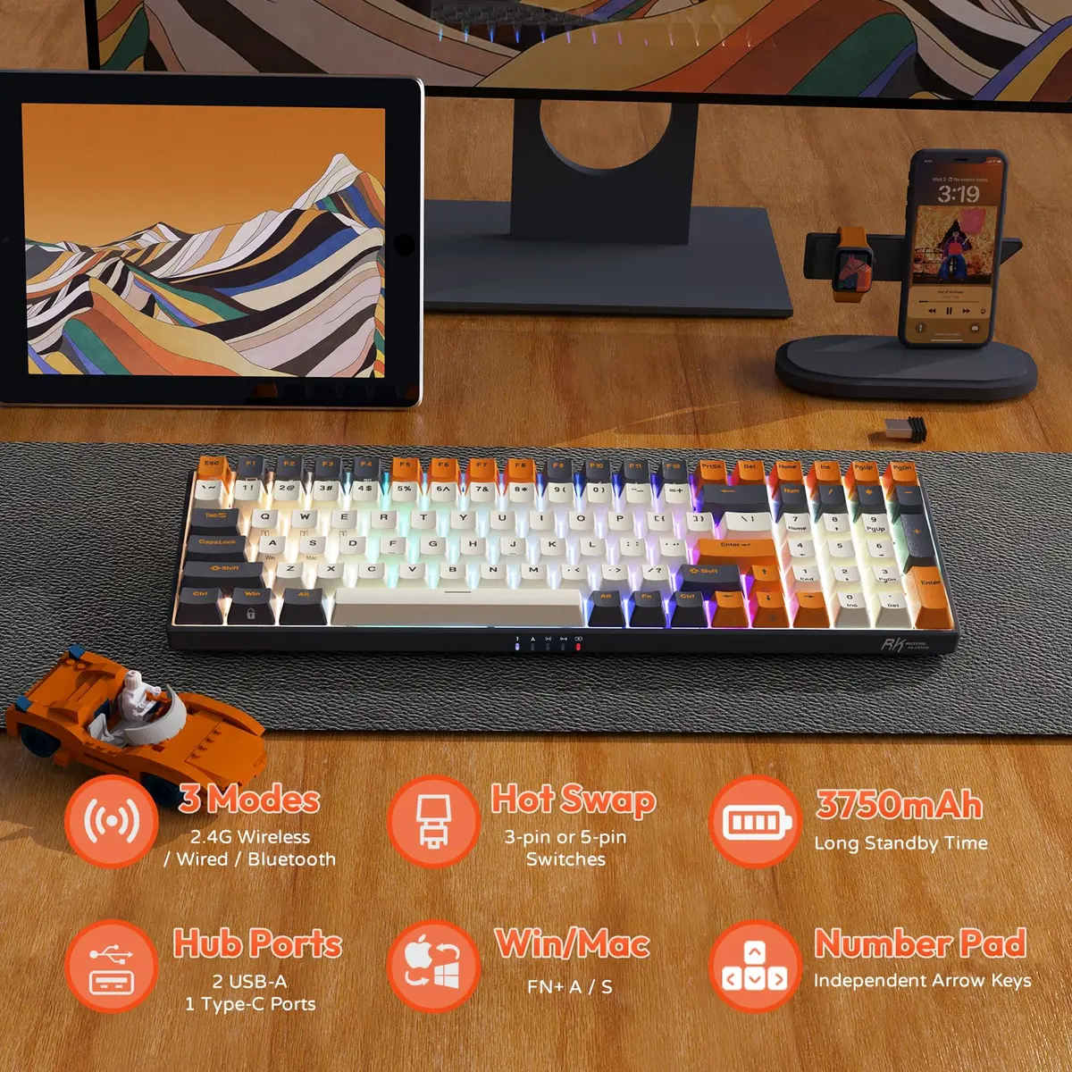 RK ROYAL KLUDGE RK100 Wireless Mechanical Keyboard RGB Backlit Bluetooth5.1/2.4G/Wired 96% Full Size 100-Key Hot Swappable Red Switch Carbon | Gaming Keyboard with RGB & Hot-Swap - view 6