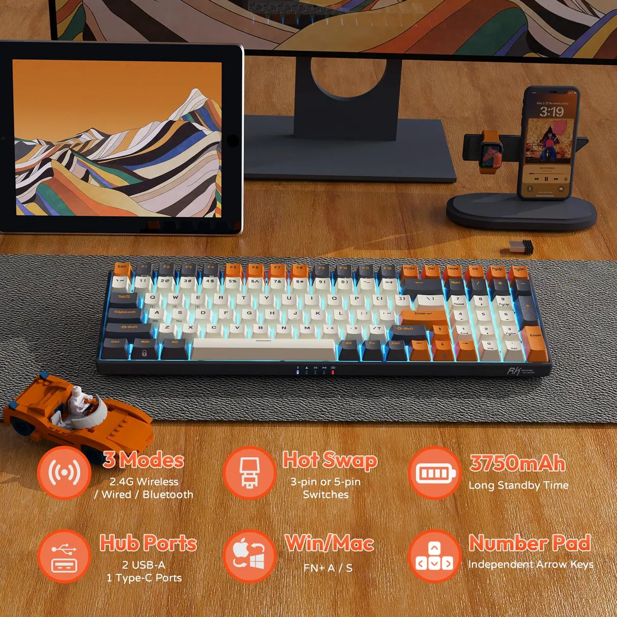 RK ROYAL KLUDGE RK100 Wireless Mechanical Keyboard RGB Backlit Bluetooth5.1/2.4G/Wired 96% Full Size 100-Key Hot Swappable Brown Switch Carbon | Gaming Keyboard with Custom RGB - view 5
