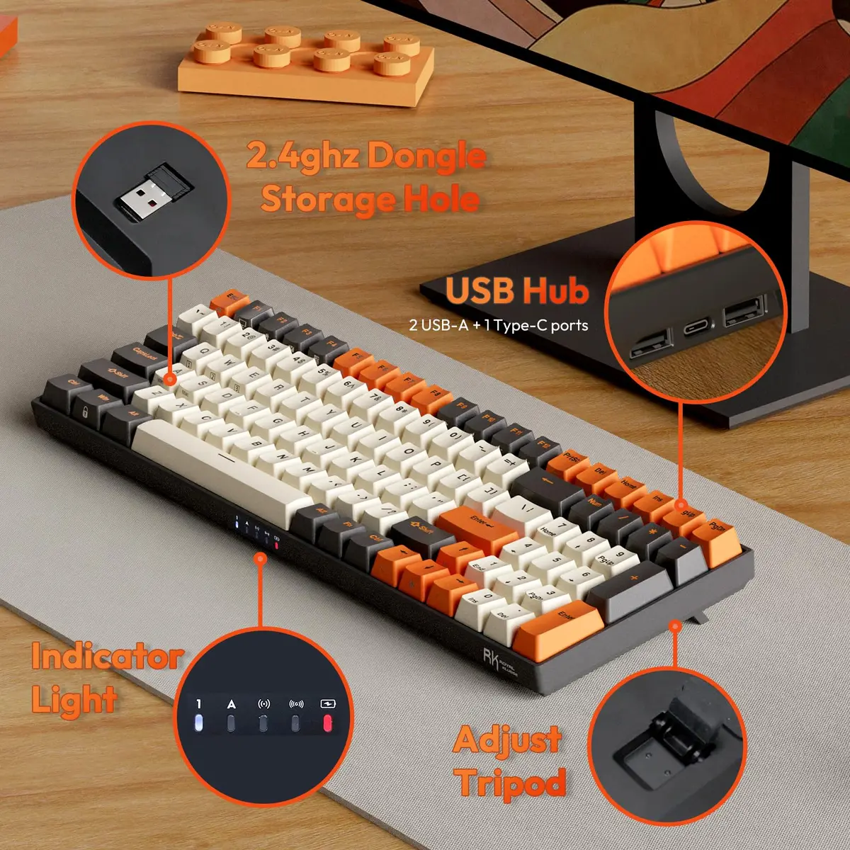 RK ROYAL KLUDGE RK100 Wireless Mechanical Keyboard RGB Backlit Bluetooth5.1/2.4G/Wired 96% Full Size 100-Key Hot Swappable Brown Switch Carbon | Gaming Keyboard with Custom RGB - view 6