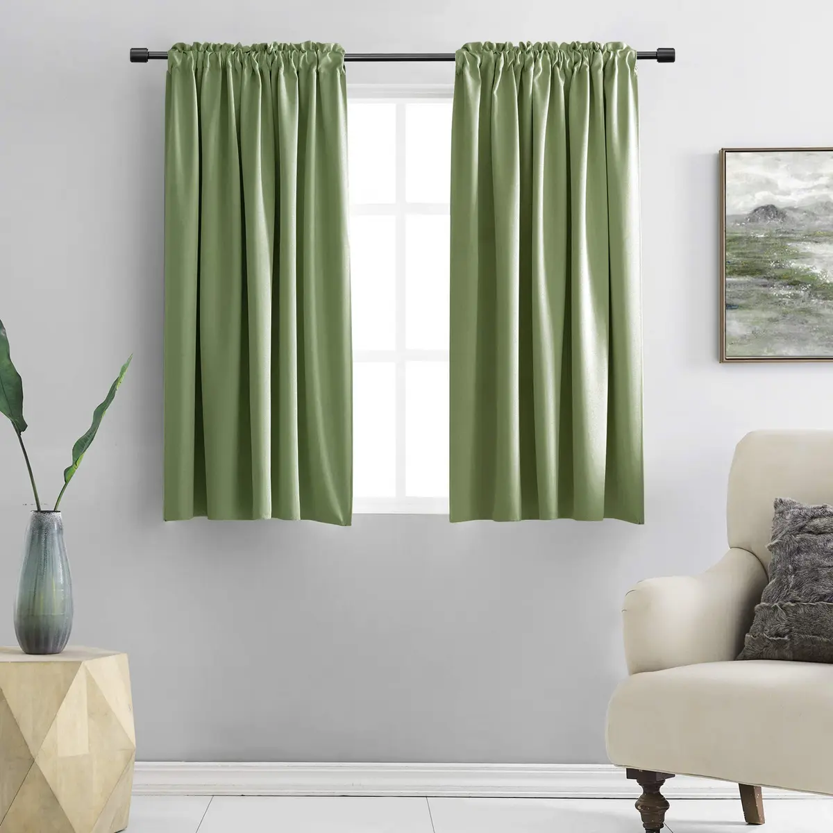DONREN Sage Green 45 Inch Length Short Curtains for Boy's Room - Bedroom Blackout Thermal Insulated Curtain Panels with Rod Pocket - main product image