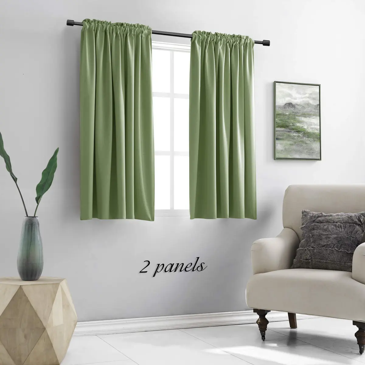 DONREN Sage Green 45 Inch Length Short Curtains for Boy's Room - Bedroom Blackout Thermal Insulated Curtain Panels with Rod Pocket - view 2