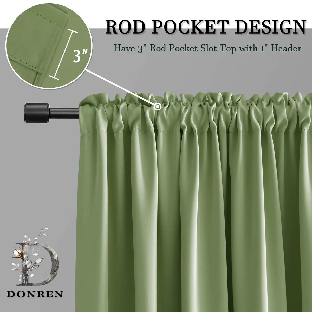 DONREN Sage Green 45 Inch Length Short Curtains for Boy's Room - Bedroom Blackout Thermal Insulated Curtain Panels with Rod Pocket - view 4