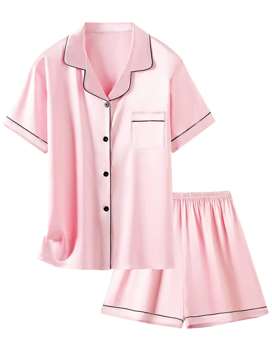 Schbbbta Satin Pajamas for Girls, 2 Pcs Short Silk Set, Bright Pink, 11-12 Years | Comfortable Summer Sleepwear - main product image