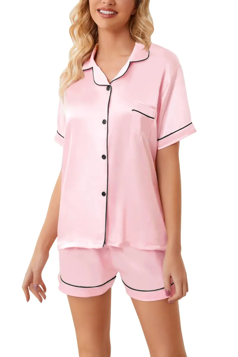 Schbbbta Satin Pajamas for Girls, 2 Pcs Short Silk Set, Bright Pink, 11-12 Years | Comfortable Summer Sleepwear - view 5
