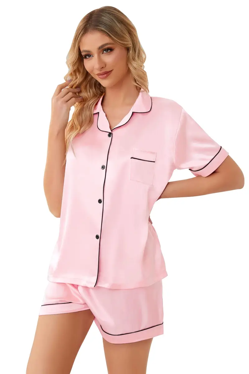 Schbbbta Satin Pajamas for Girls, 2 Pcs Short Silk Set, Bright Pink, 11-12 Years | Comfortable Summer Sleepwear - view 6