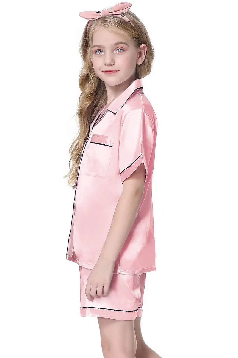 Schbbbta Satin Pajamas for Girls, 2 Pcs Short Silk Set, Bright Pink, 11-12 Years | Comfortable Summer Sleepwear - view 3