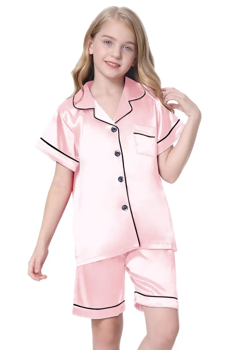 Schbbbta Satin Pajamas for Girls, 2 Pcs Short Silk Set, Bright Pink, 11-12 Years | Comfortable Summer Sleepwear - view 4