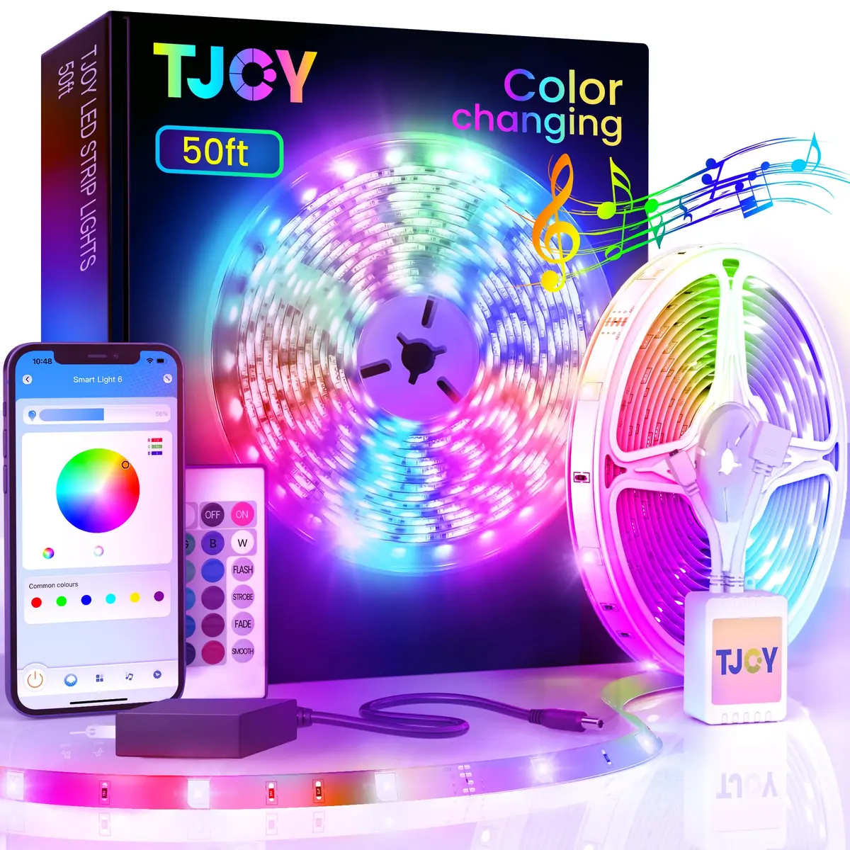TJOY 50ft Bluetooth LED Strip Lights | RGB Color Changing Lights with Phone & Mic Control - main product image