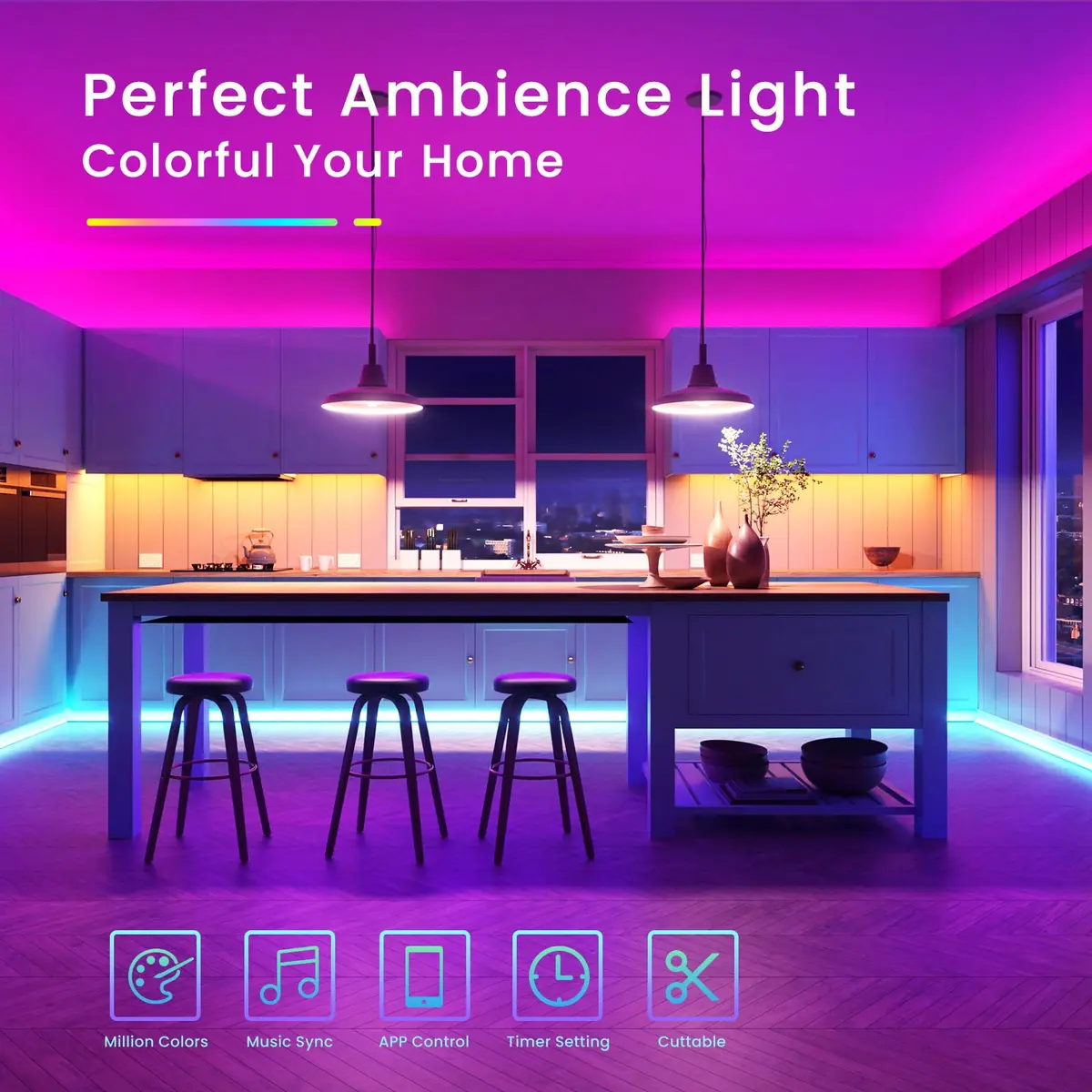 TJOY 50ft Bluetooth LED Strip Lights | RGB Color Changing Lights with Phone & Mic Control - view 2