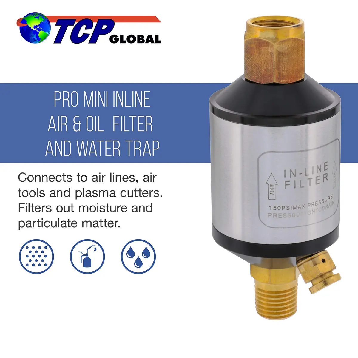 TCP Global Mini In-Line Air Filter, Oil & Water Separator | Aluminum Body, 1/4" Inlet/Outlet - view 2