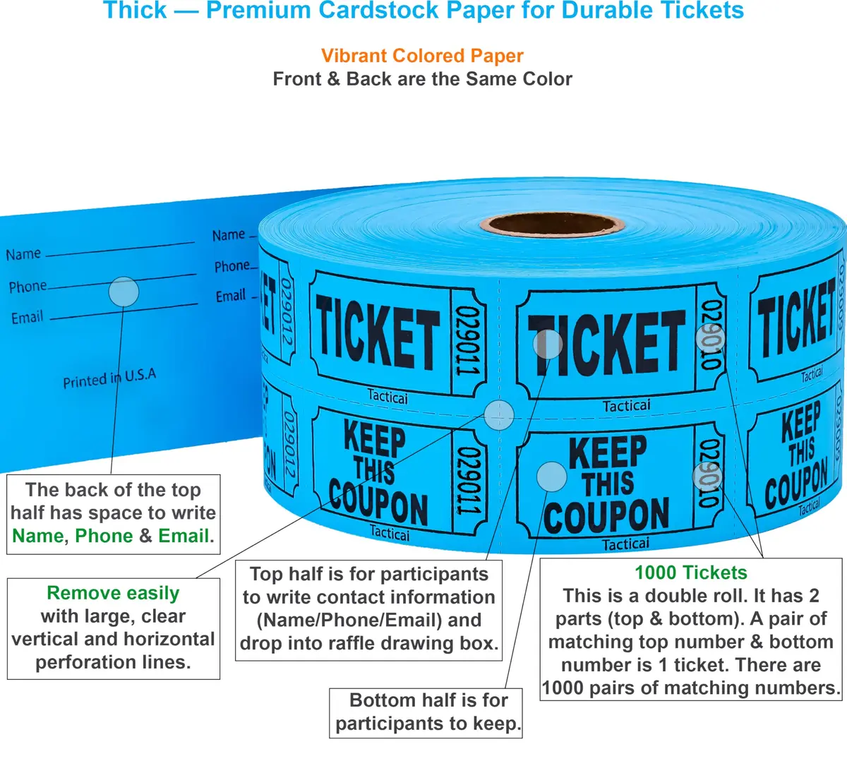 Tacticai Raffle Tickets Double Roll 1000 Count Blue | Consecutively Numbered for Events - view 2