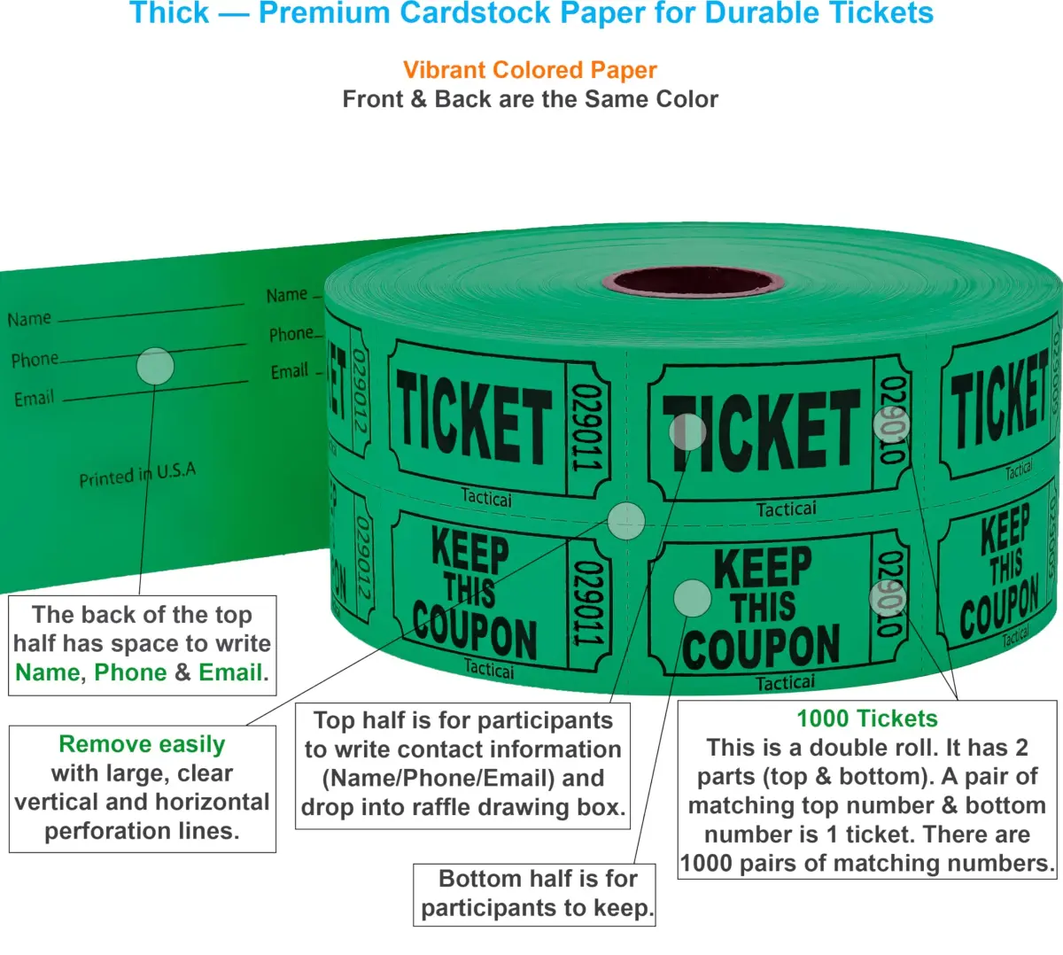 Tacticai Green Raffle Tickets Double Roll 1000 Count | Consecutively Numbered for Events - view 2