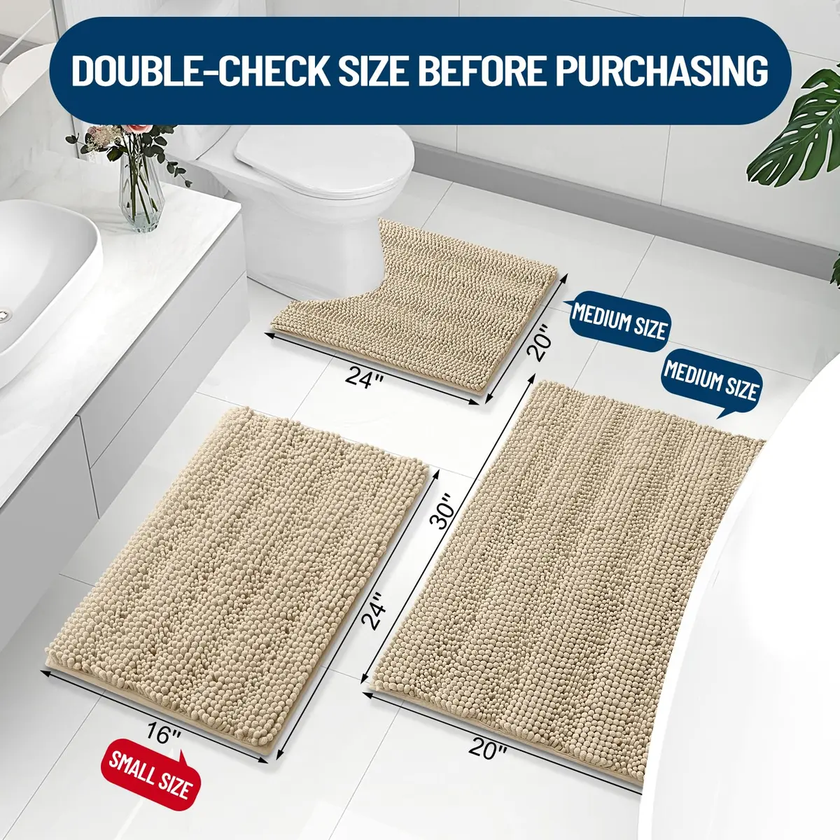 Grandaily Chenille Bathroom Rugs 30x20 | Soft Absorbent Bath Mat, Beige, Anti-Skid, Quick-Dry - view 2
