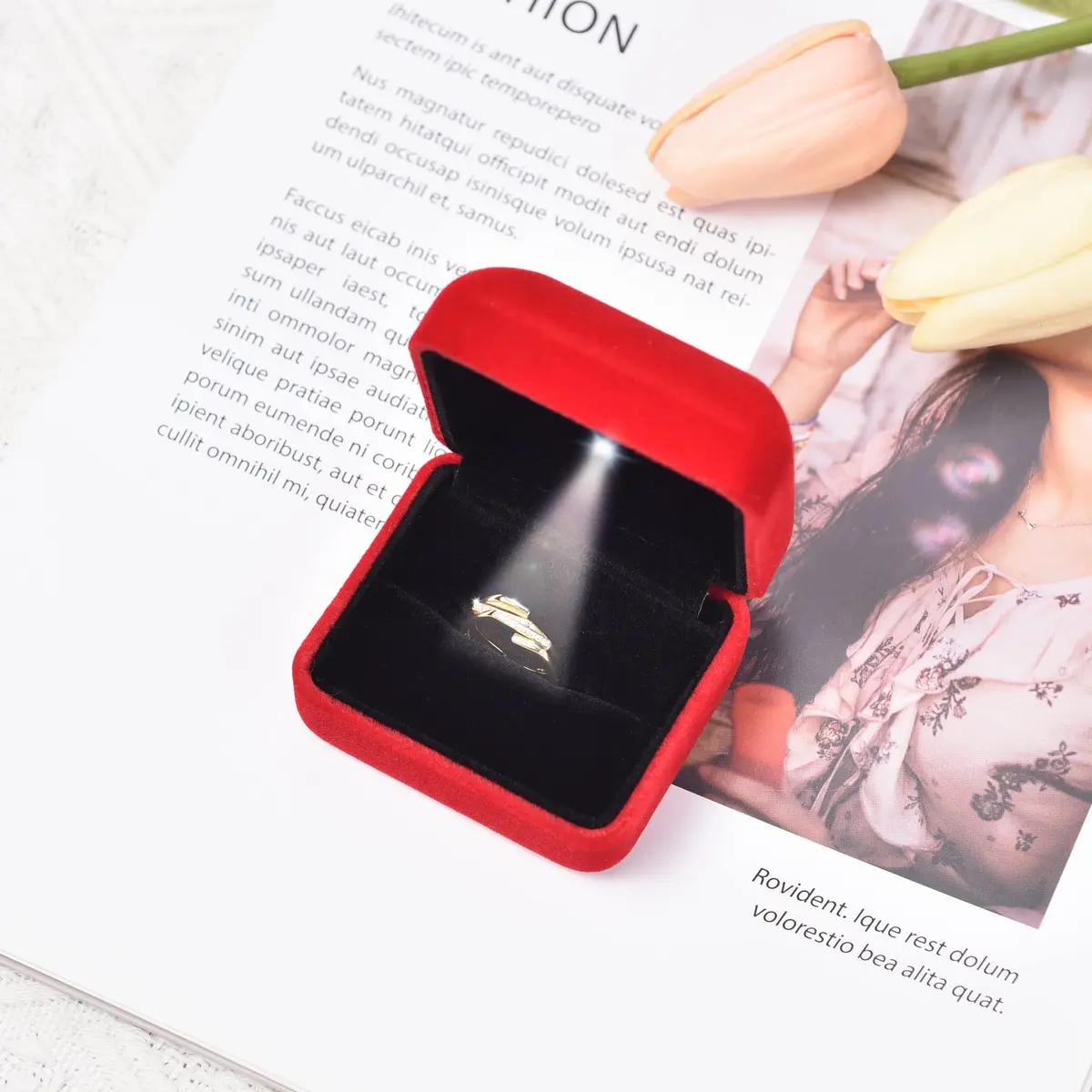 Omeet LED Velvet Ring Box for Proposal, Engagement, Wedding, Slim - Red | Compact & Elegant Jewelry Storage - view 2