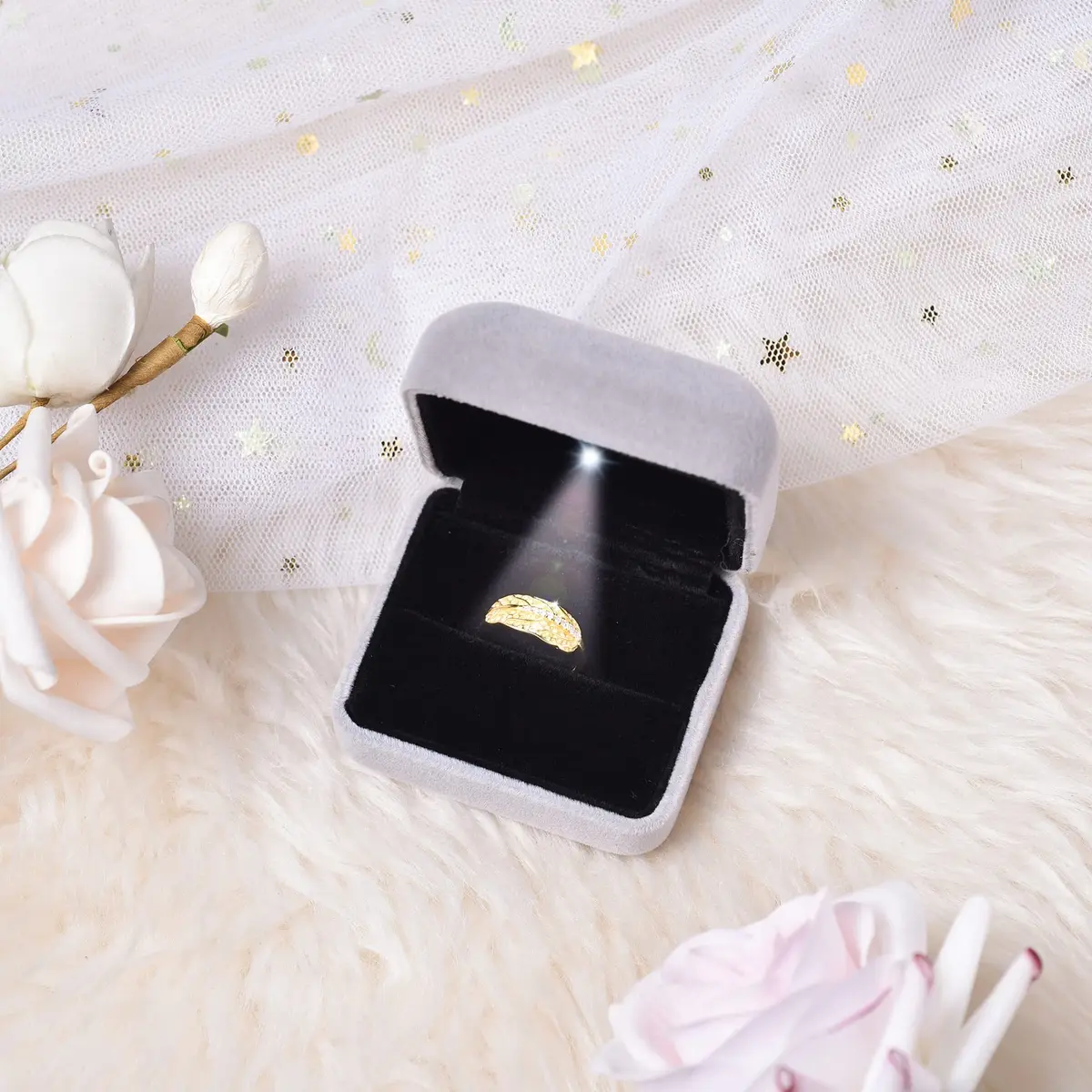 Omeet LED Velvet Ring Box for Proposal, Engagement, Wedding, Slim - Grey | Compact Jewelry Storage Case - view 4