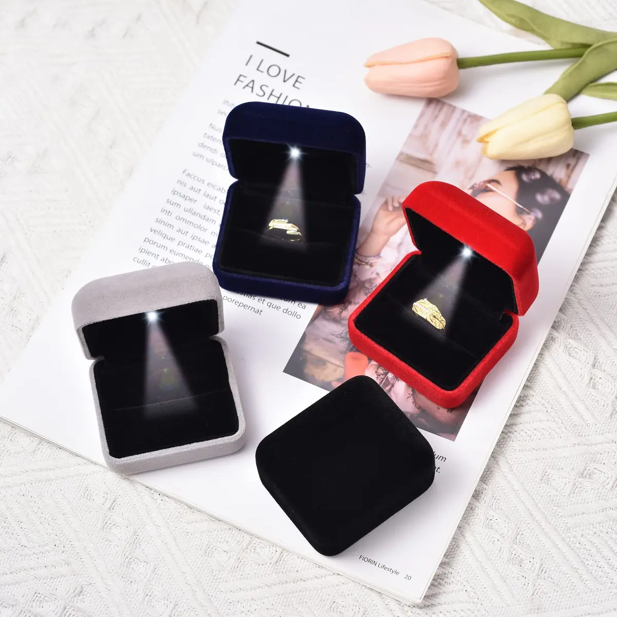 Omeet LED Velvet Ring Box for Proposal, Engagement, Wedding, Slim - Grey | Compact Jewelry Storage Case - view 6