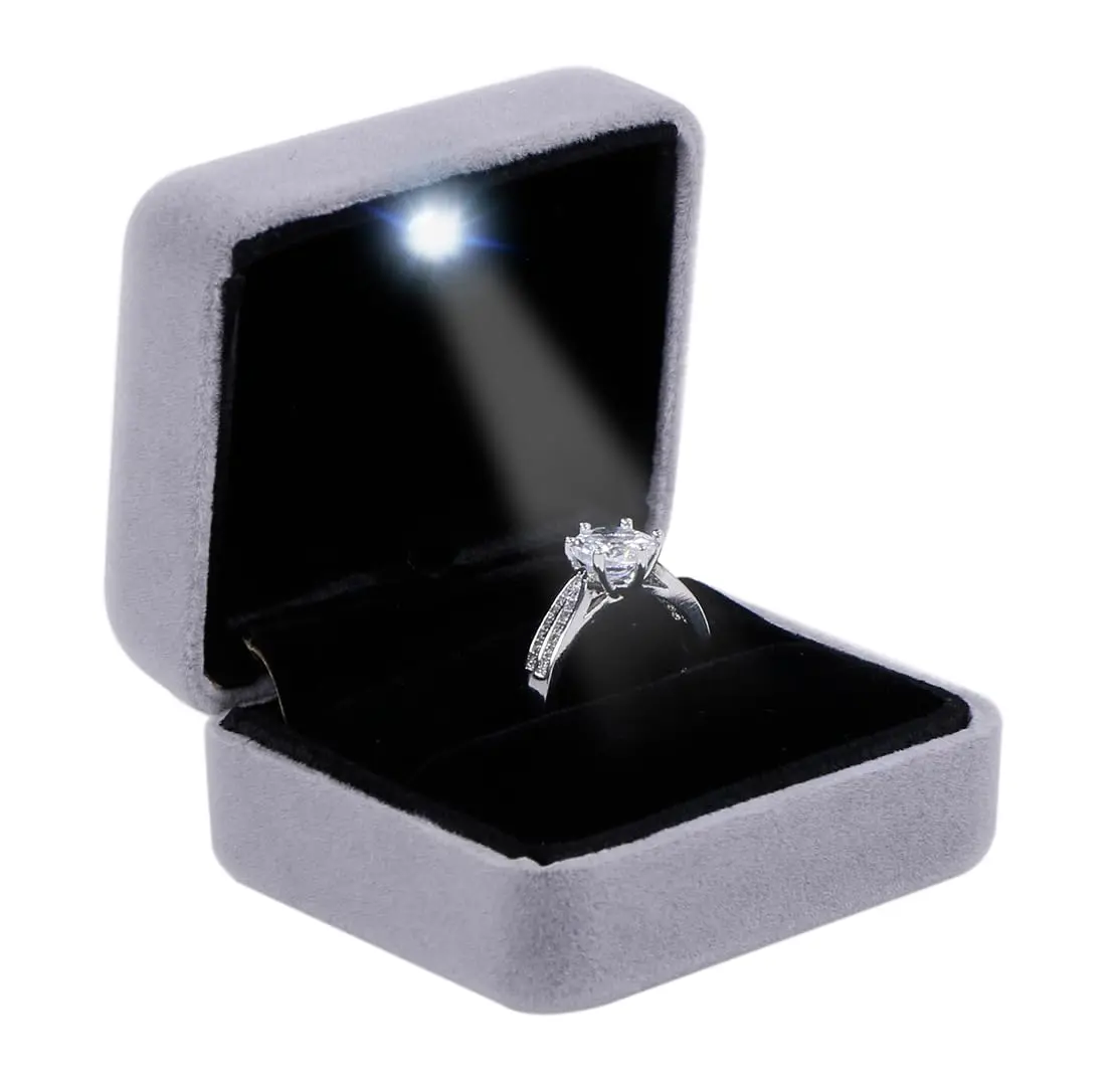 Omeet LED Velvet Ring Box for Proposal, Engagement, Wedding, Slim - Grey | Compact Jewelry Storage Case - main product image