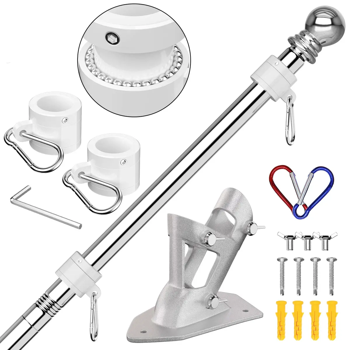 ZMTECH 6 FT Stainless Steel Flag Pole Kit with Upgraded Bracket & Tangle Free Rings | Adjustable Residential & Commercial Use - main product image