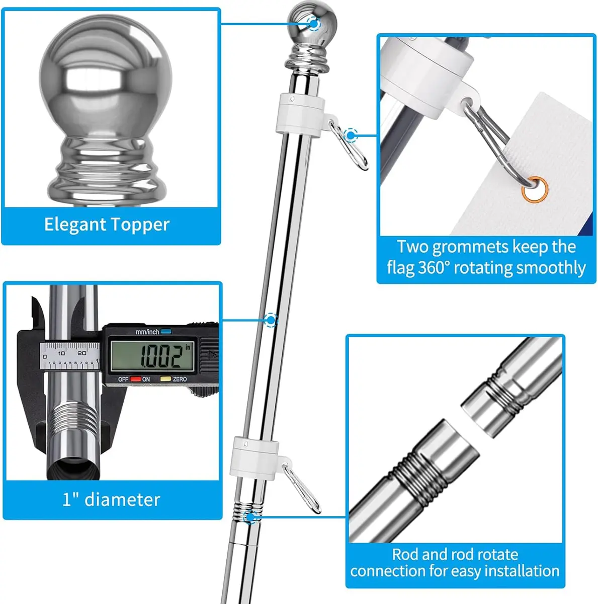 ZMTECH 6 FT Stainless Steel Flag Pole Kit with Upgraded Bracket & Tangle Free Rings | Adjustable Residential & Commercial Use - view 5