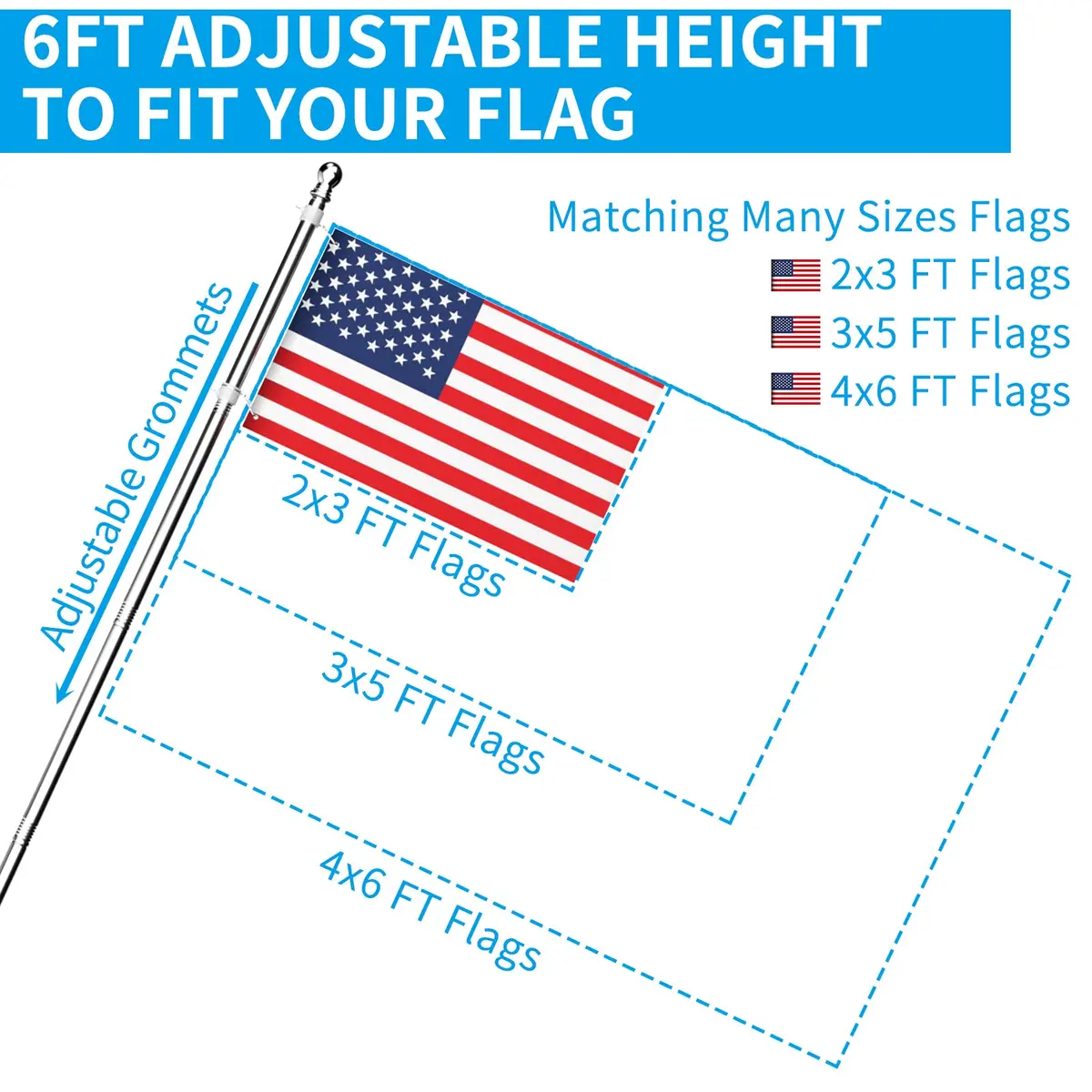 ZMTECH 6 FT Stainless Steel Flag Pole Kit with Upgraded Bracket & Tangle Free Rings | Adjustable Residential & Commercial Use - view 6
