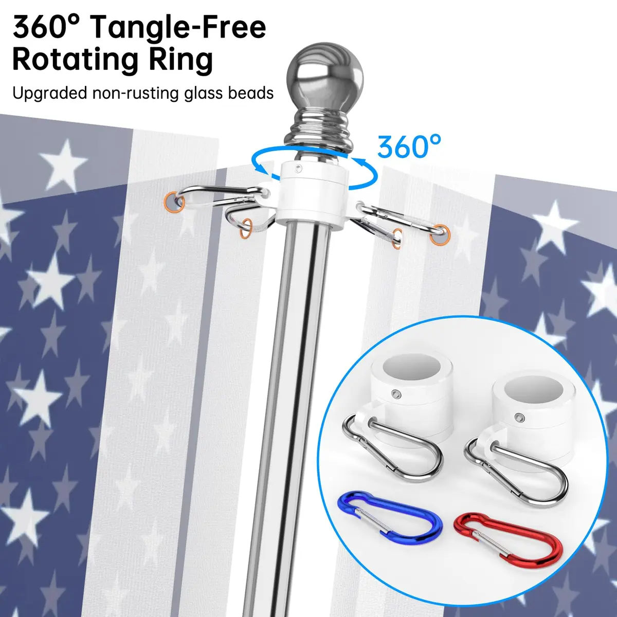 ZMTECH 6 FT Stainless Steel Flag Pole Kit with Upgraded Bracket & Tangle Free Rings | Adjustable Residential & Commercial Use - view 3