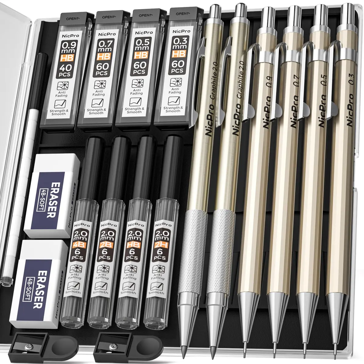 Nicpro 6PCS Metal Mechanical Pencil Set, Full Copper Drafting Pencil 0.3, 0.5, 0.7, 0.9 mm & 2PCS 2mm Graphite Lead Holder for Art Sketching Drawing - main product image