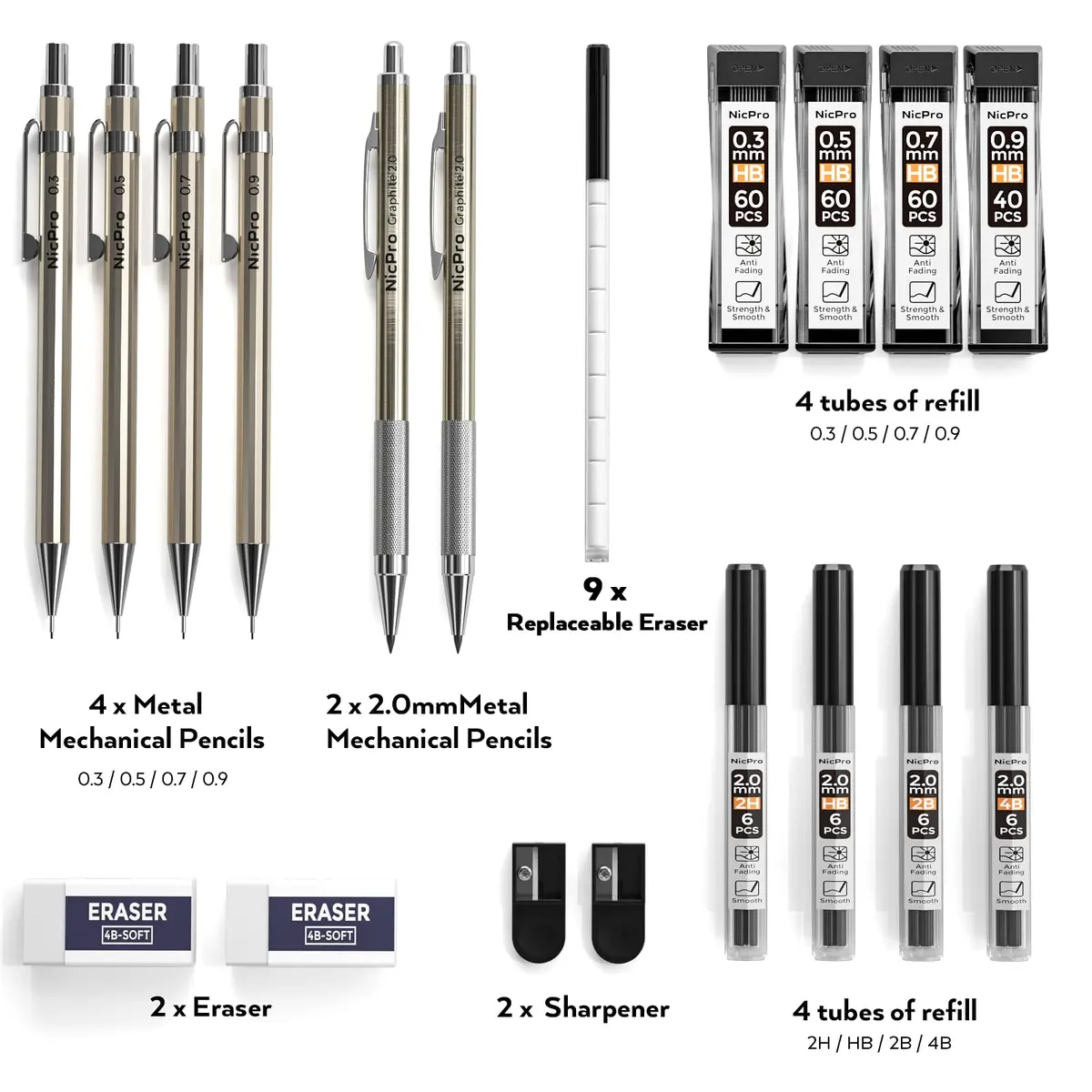 Nicpro 6PCS Metal Mechanical Pencil Set, Full Copper Drafting Pencil 0.3, 0.5, 0.7, 0.9 mm & 2PCS 2mm Graphite Lead Holder for Art Sketching Drawing - view 6