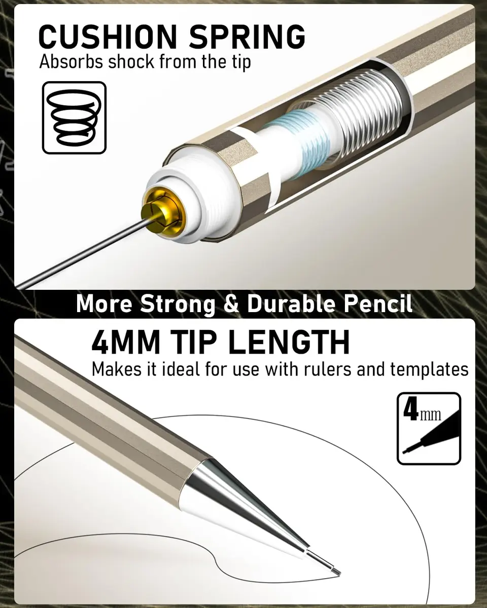 Nicpro 6PCS Metal Mechanical Pencil Set, Full Copper Drafting Pencil 0.3, 0.5, 0.7, 0.9 mm & 2PCS 2mm Graphite Lead Holder for Art Sketching Drawing - view 2