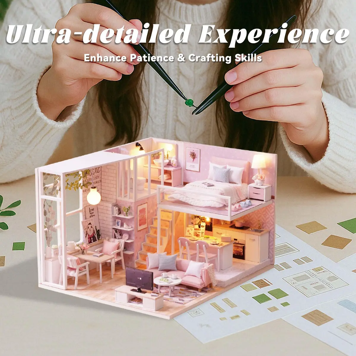 Flever Tranquil Life DIY Miniature Dollhouse Kit with Loft Apartment Scene, 1:32 Scale | 18-24 Hour Assembly - view 6