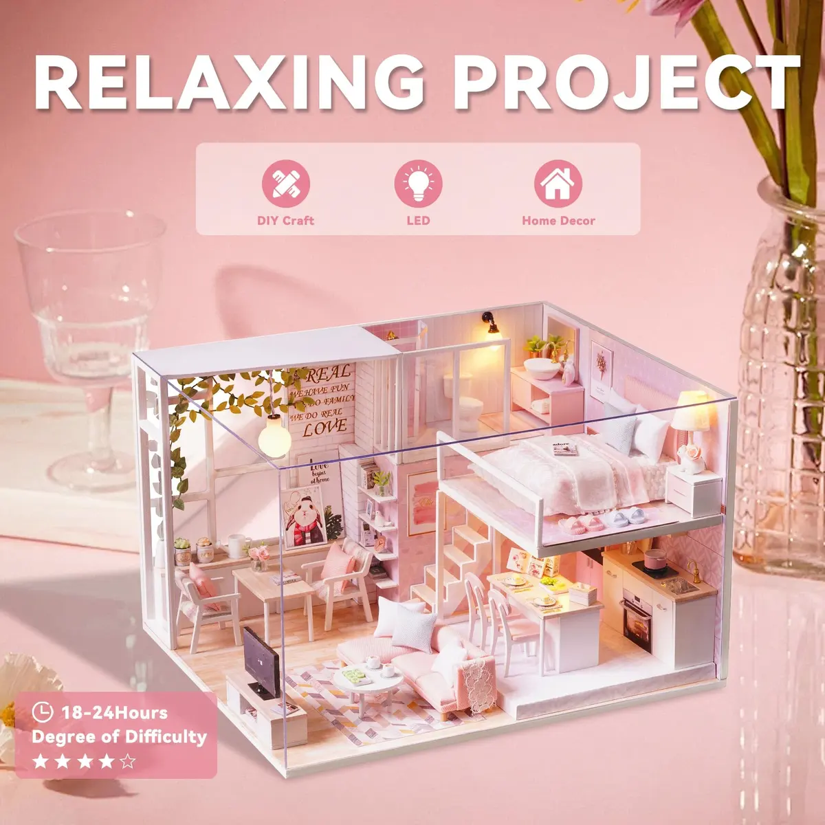 Flever Tranquil Life DIY Miniature Dollhouse Kit with Loft Apartment Scene, 1:32 Scale | 18-24 Hour Assembly - view 4