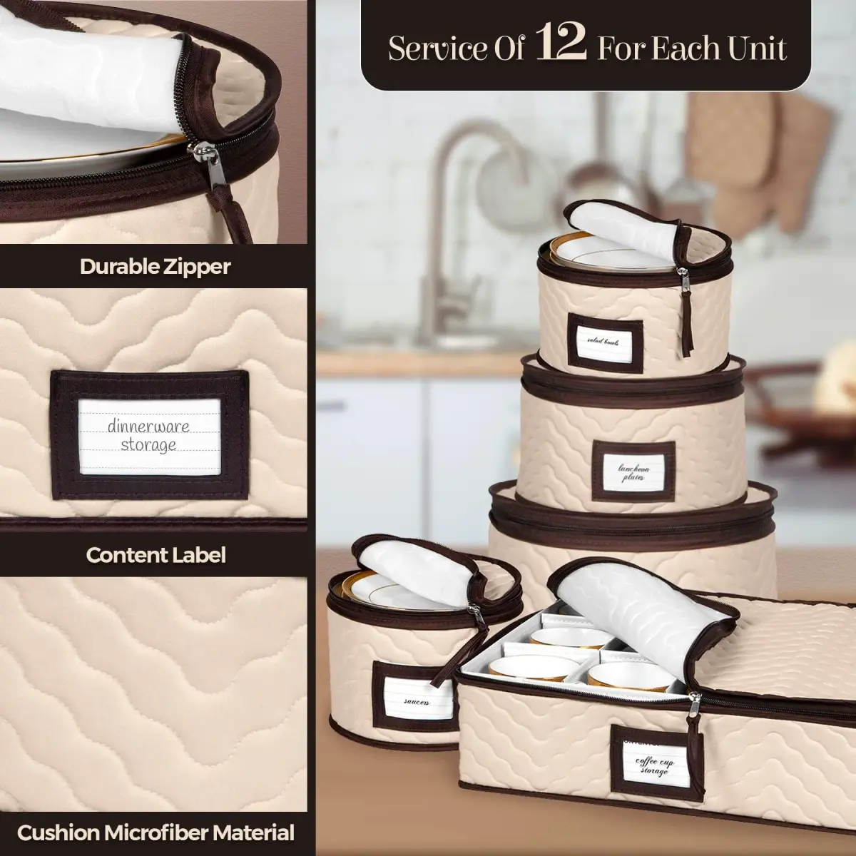HOLDN’ STORAGE 5-Piece China Storage Container Set for 12 Place Settings | Quilted Microfiber with Dividers - view 6