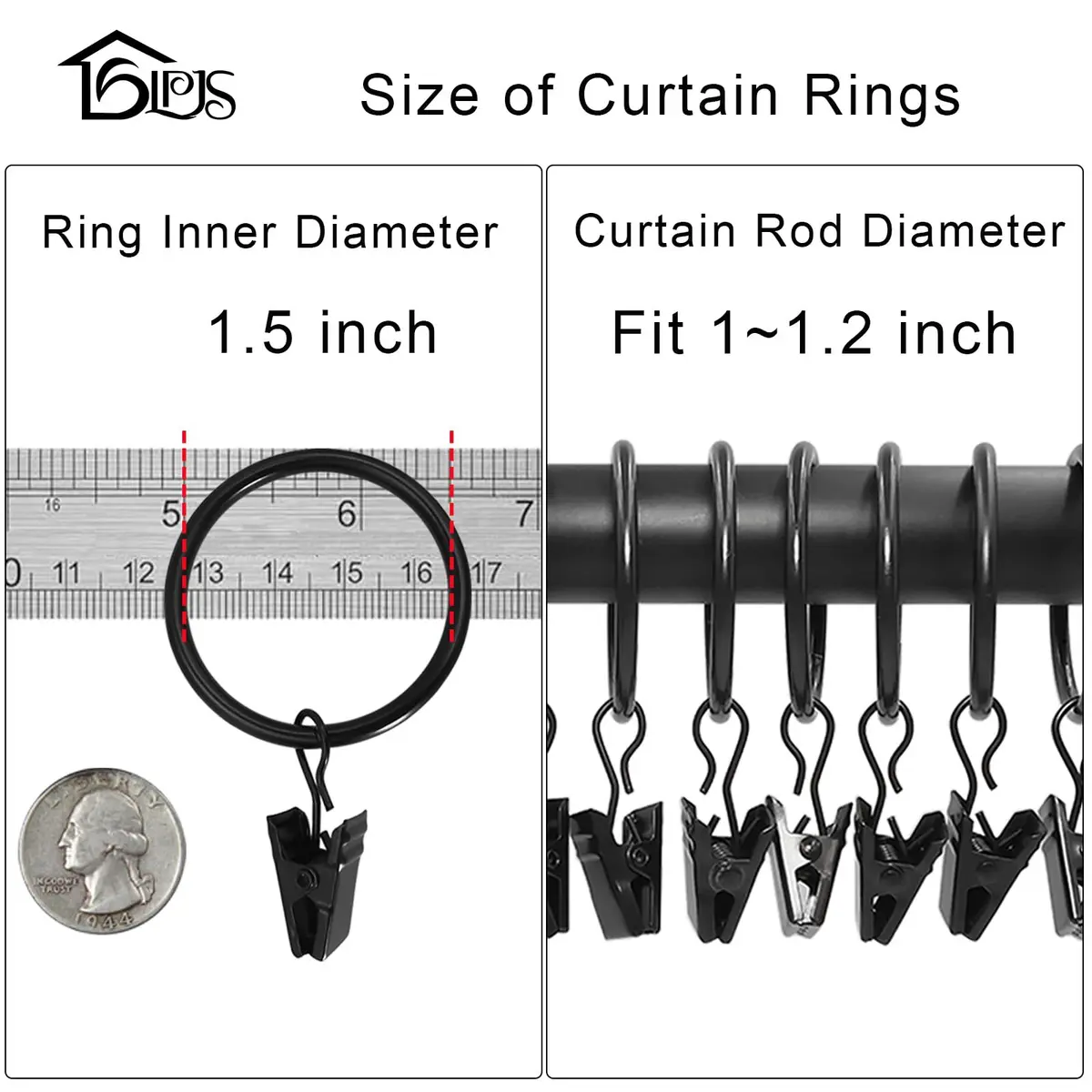 LLPJS Curtain Rings with Clips 1.5 inch ID | 20 Pack Black Durable Metal - view 3