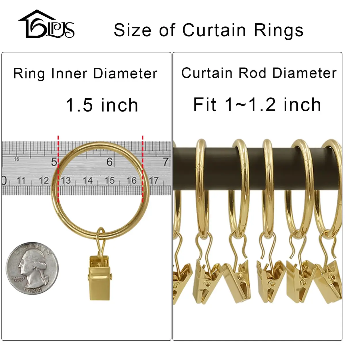 LLPJS Curtain Rings with Clips 1.5 inch ID | Gold, Set of 20, Durable & Elegant - view 3