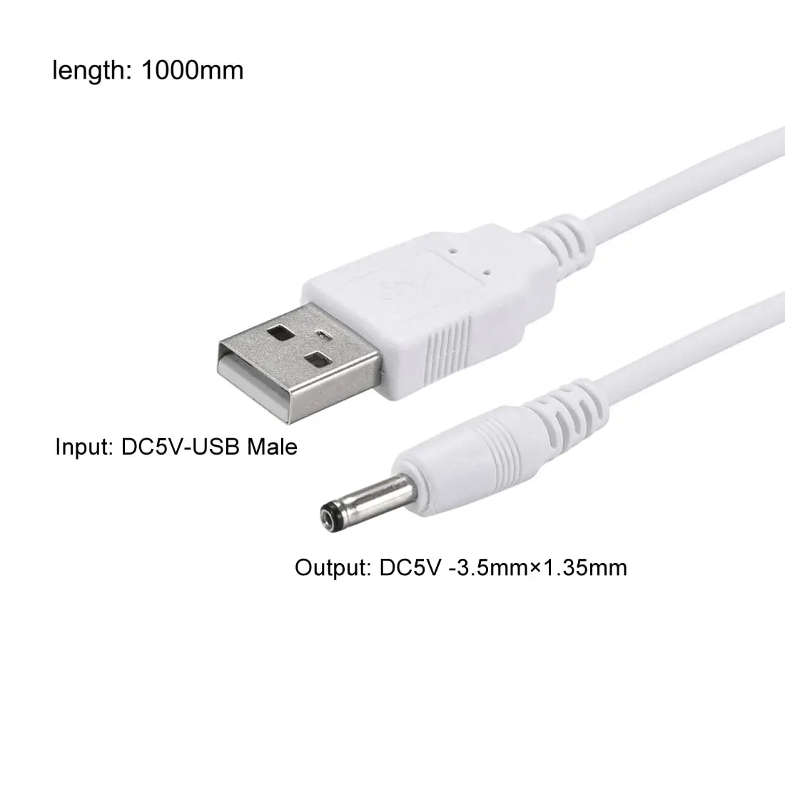 uxcell USB Type-A Male to 3.5 x 1.35mm DC 5V 1A Barrel Connector Charge Cable 1m (3.28ft) White | Powers USB Fans, Desk Lamps, Mini Speakers - view 5