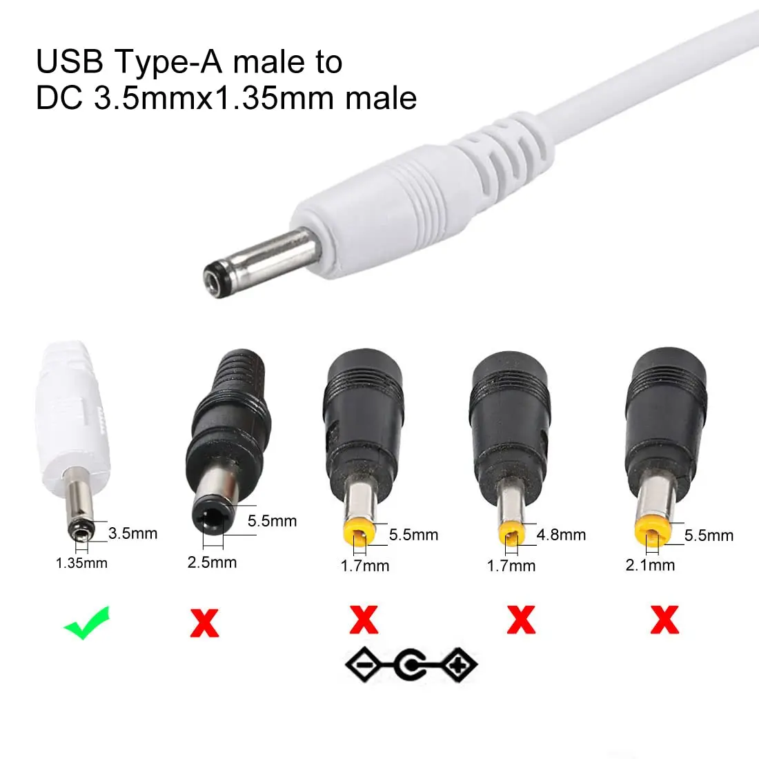uxcell USB Type-A Male to 3.5 x 1.35mm DC 5V 1A Barrel Connector Charge Cable 1m (3.28ft) White | Powers USB Fans, Desk Lamps, Mini Speakers - view 4