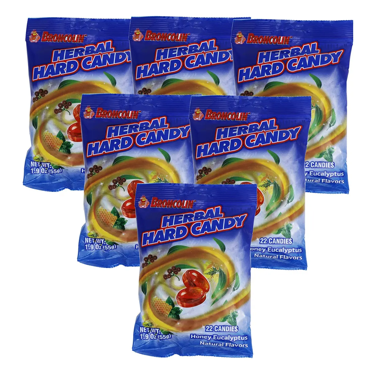 Broncolin Honey Drops Herbal Extracts, Eucalyptus Flavor, 6-Pack of 22 Drops Each | Natural Throat Relief - main product image