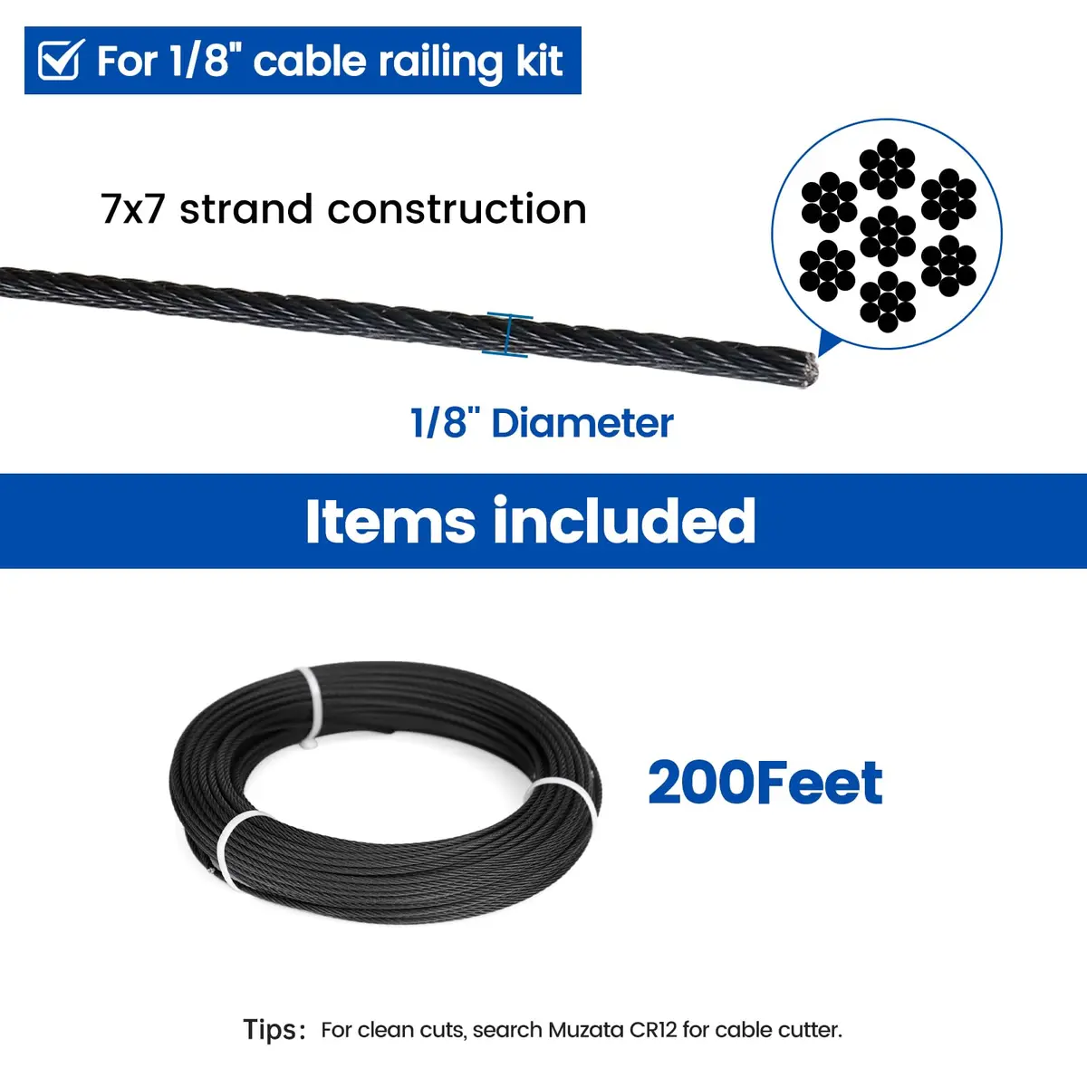 Muzata 200ft 1/8" Black T316 Stainless Steel Cable Railing Wire Rope WR19 | Modern Black Finish, Rust-Resistant, 1800 lbs Strength - view 2