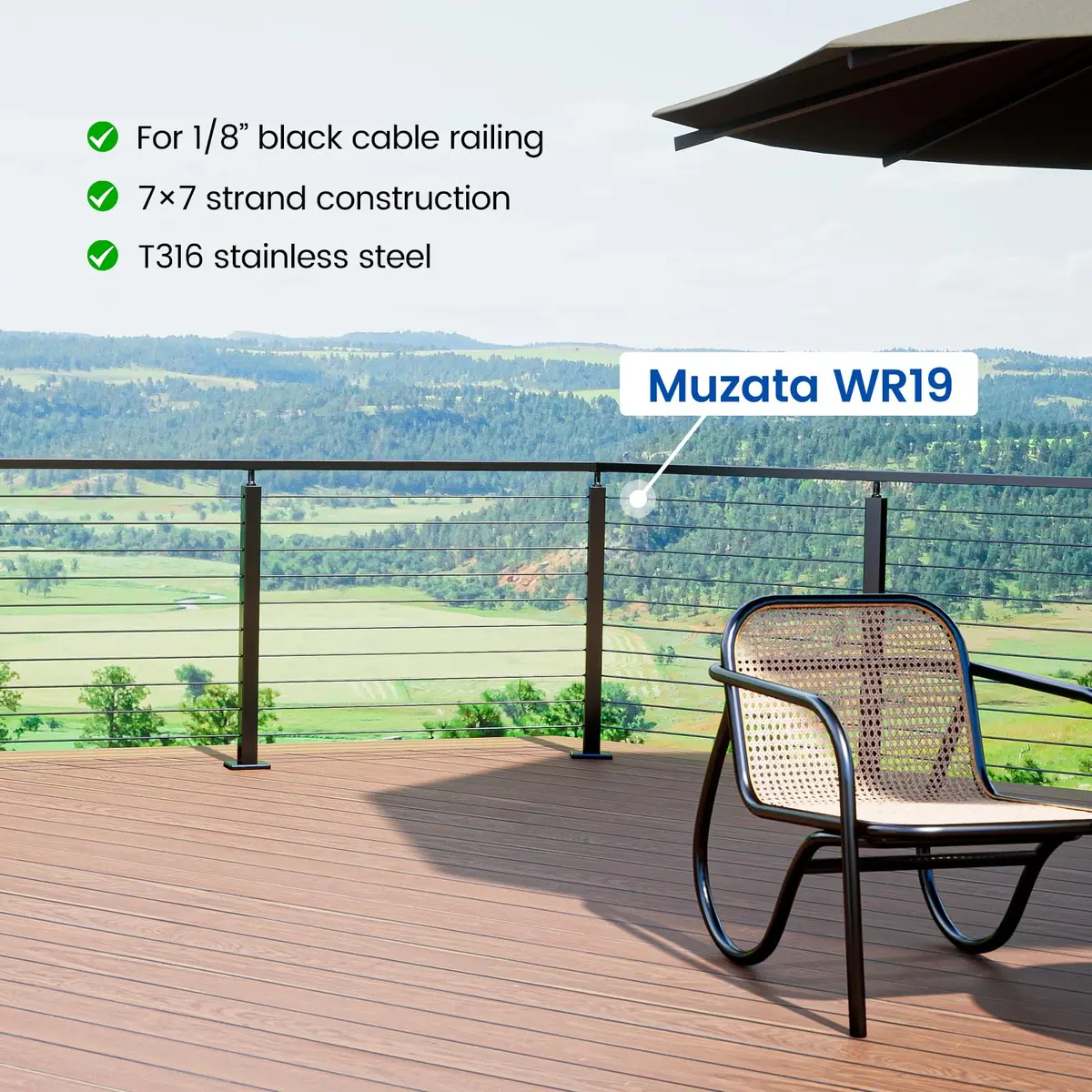 Muzata 200ft 1/8" Black T316 Stainless Steel Cable Railing Wire Rope WR19 | Modern Black Finish, Rust-Resistant, 1800 lbs Strength - view 3