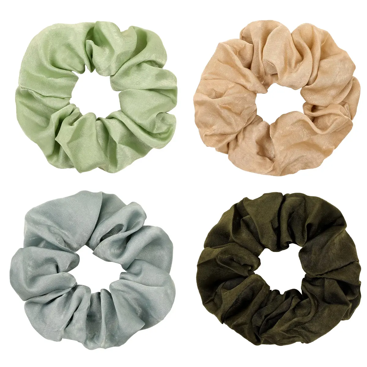 Ivyu Silk Satin Scrunchies for Women - 4-Pack, Gray Dark Green Light Green Beige | Gentle Hold for All Hair Types - main product image